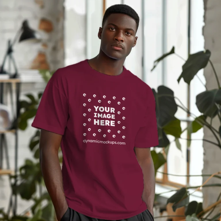 Man Wearing Maroon T-shirt Mockup Front View Template