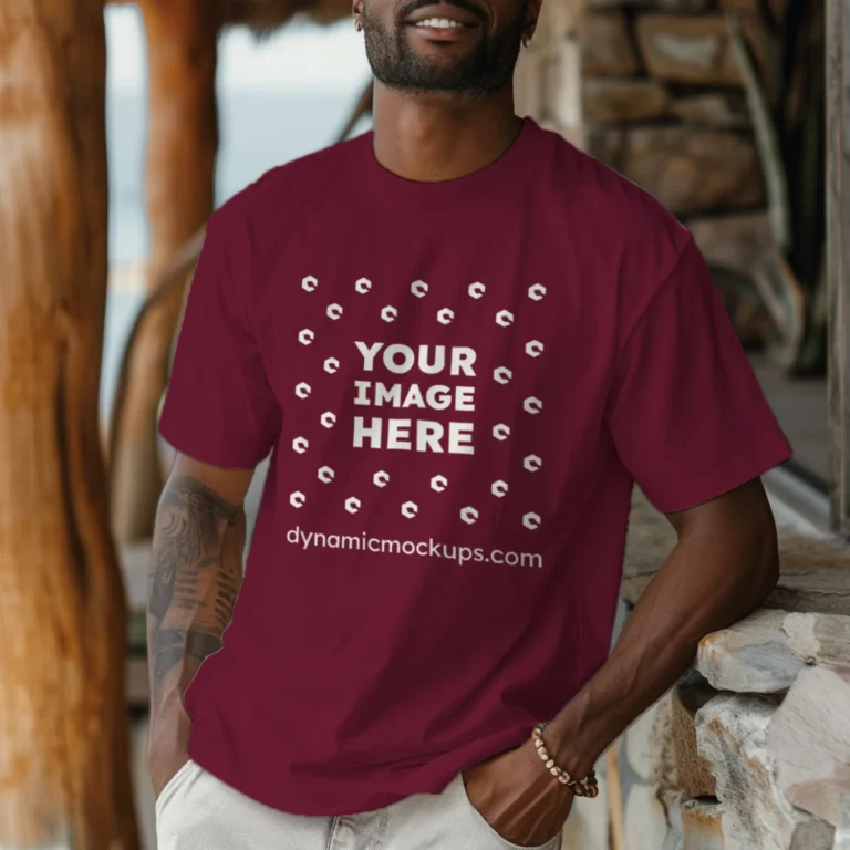 Man Wearing Maroon T-shirt Mockup Front View Template