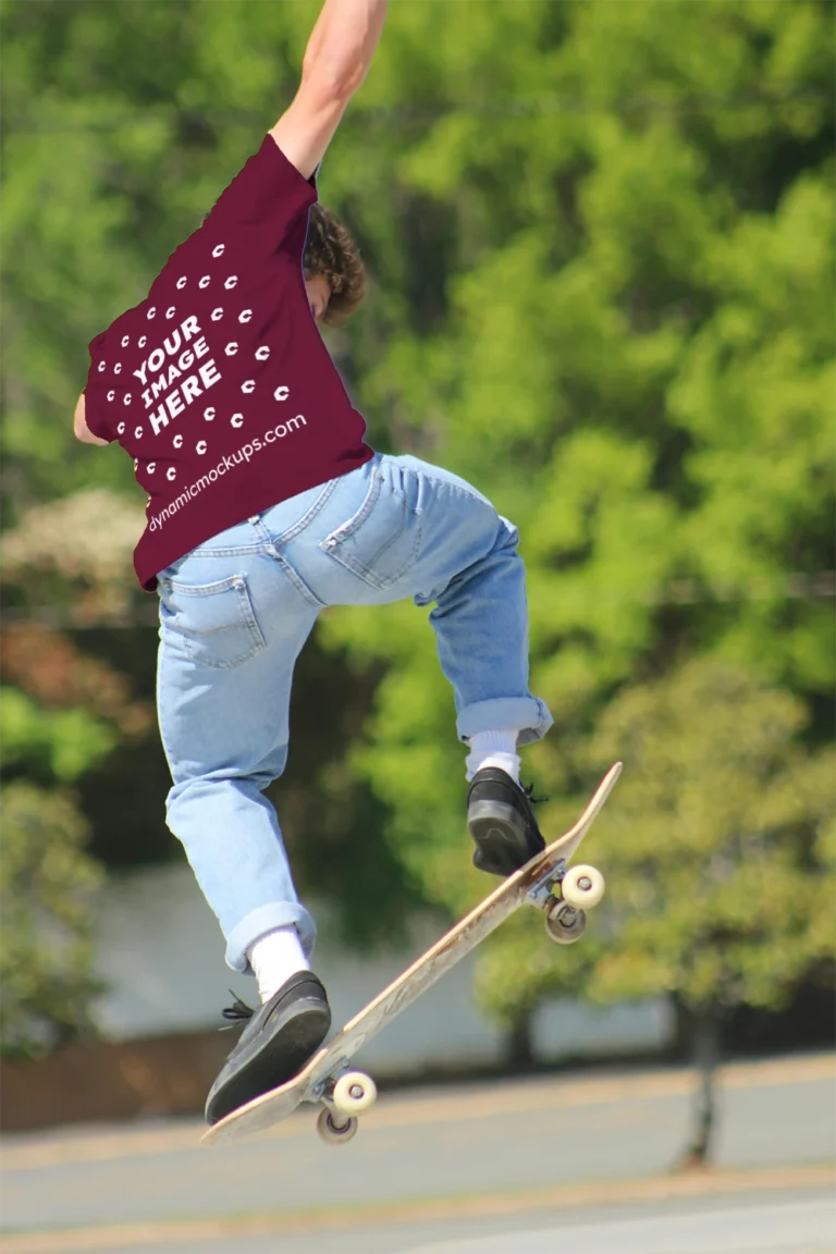 Man Wearing Maroon T-shirt Mockup Back View Template