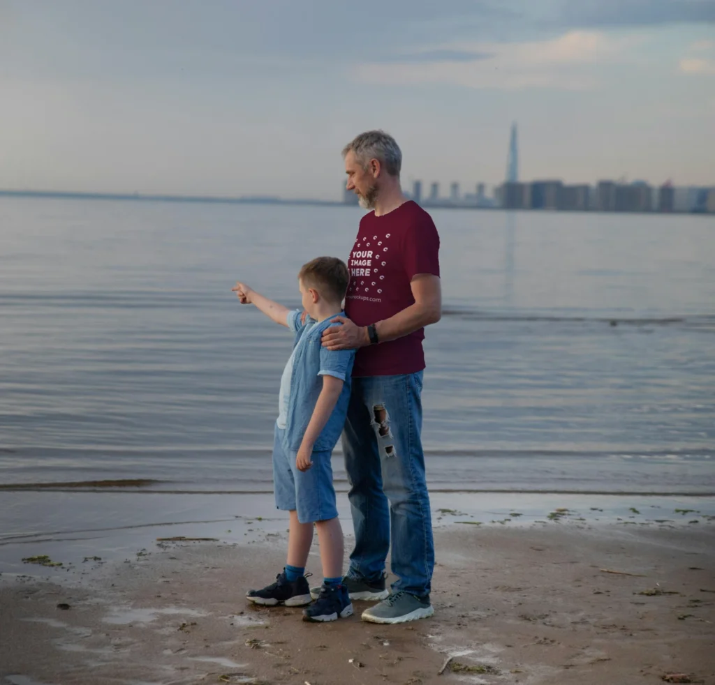 Man Wearing Maroon T-shirt Mockup Front View Template