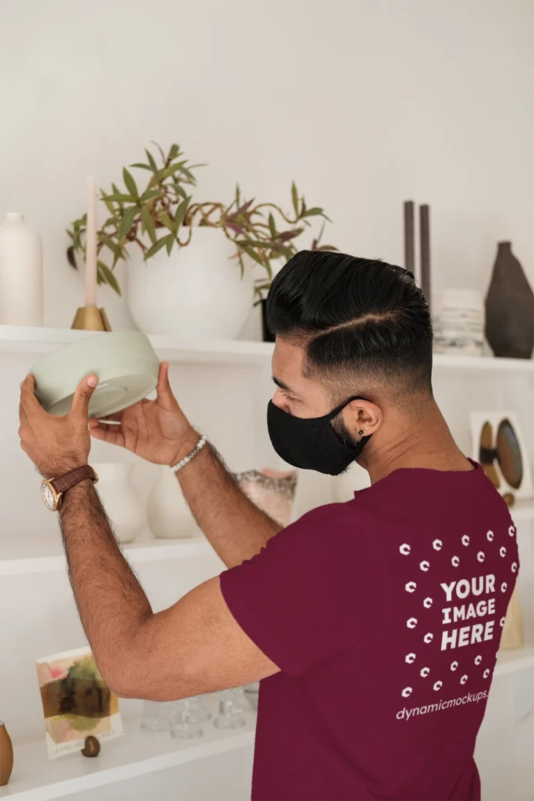 Man Wearing Maroon T-shirt Mockup Back View Template