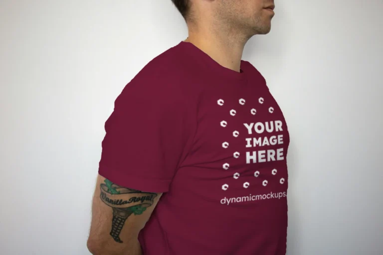 Man Wearing Maroon T-shirt Mockup Front View Template