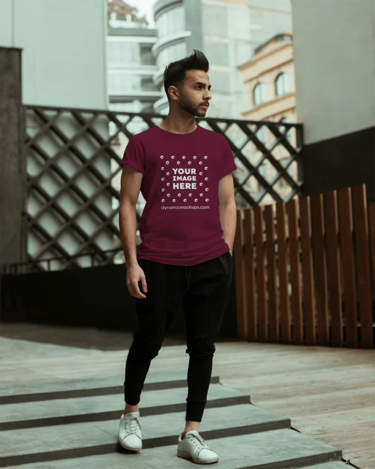 Man Wearing Maroon T-shirt Mockup Front View Template
