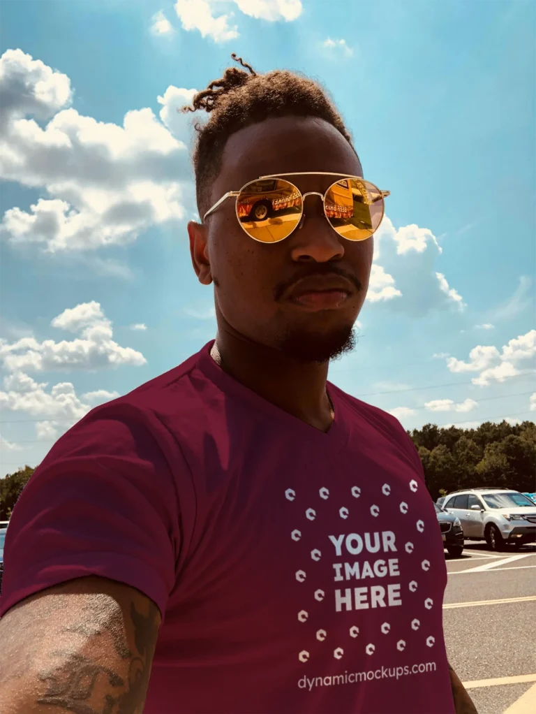 Man Wearing Maroon T-shirt Mockup Front View Template