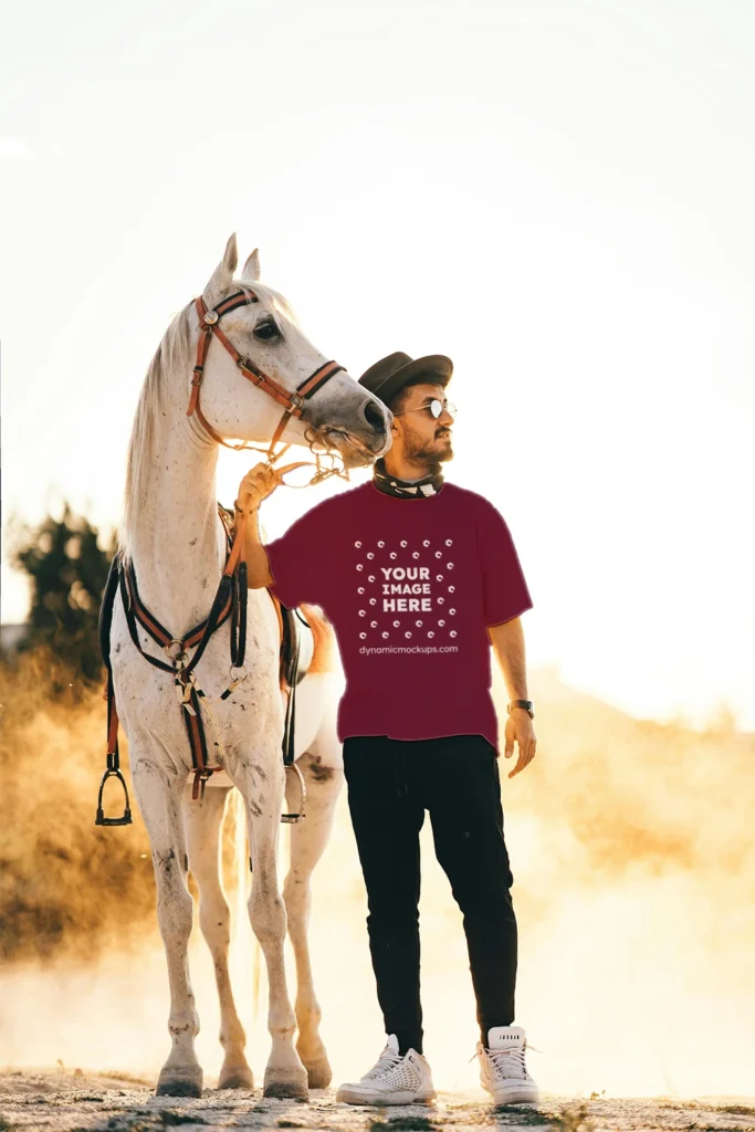 Man Wearing Maroon T-shirt Mockup Front View Template