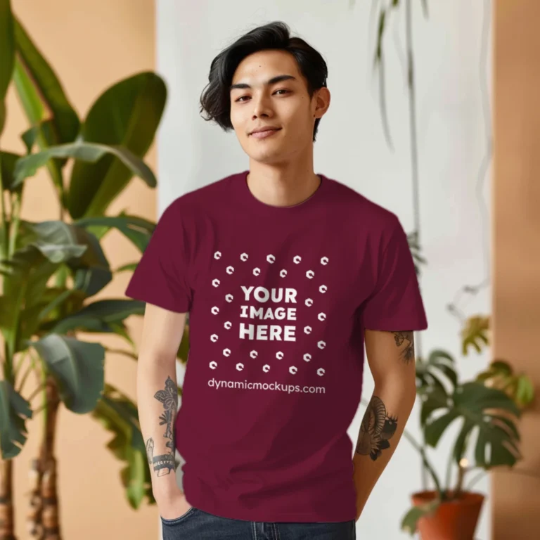 Man Wearing Maroon T-shirt Mockup Front View Template