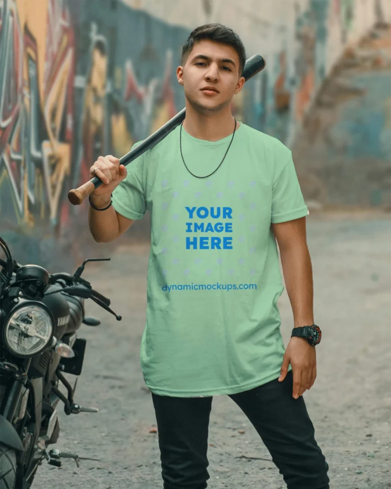 Man Wearing Mint T-shirt Mockup Front View Template