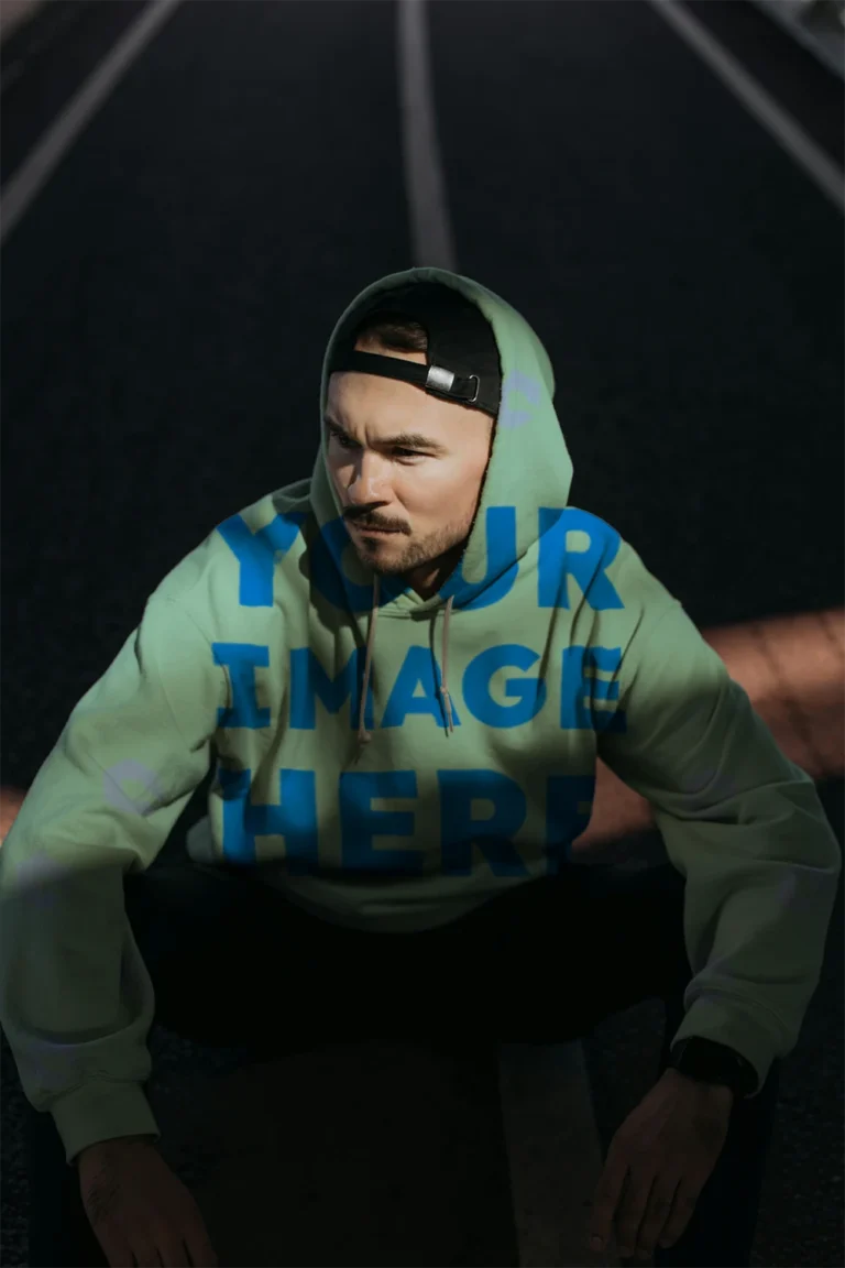Man Wearing Mint Hoodie Mockup Front View Template