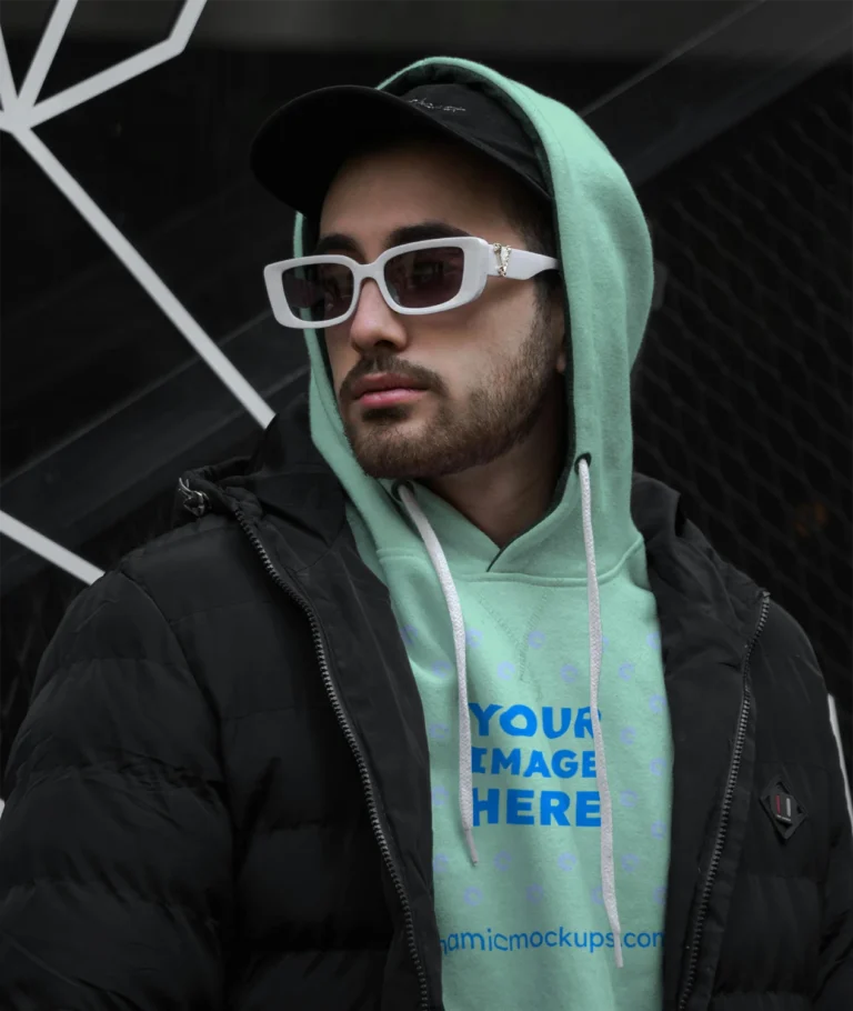 Man Wearing Mint Hoodie Mockup Front View Template