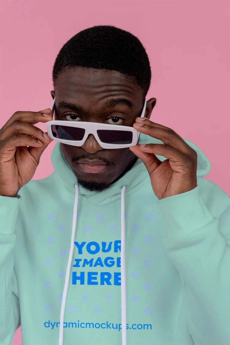 Man Wearing Mint Hoodie Mockup Front View Template