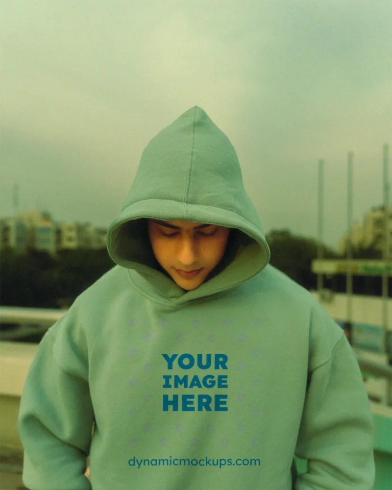 Man Wearing Mint Hoodie Mockup Front View Template