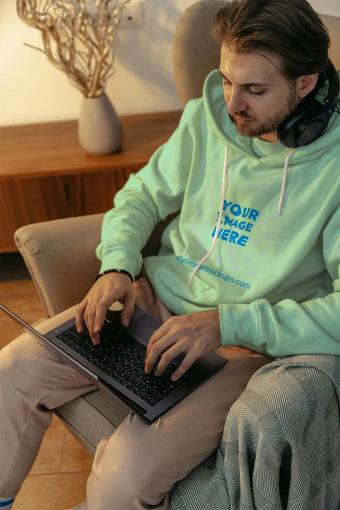 Man Wearing Mint Hoodie Mockup Front View Template