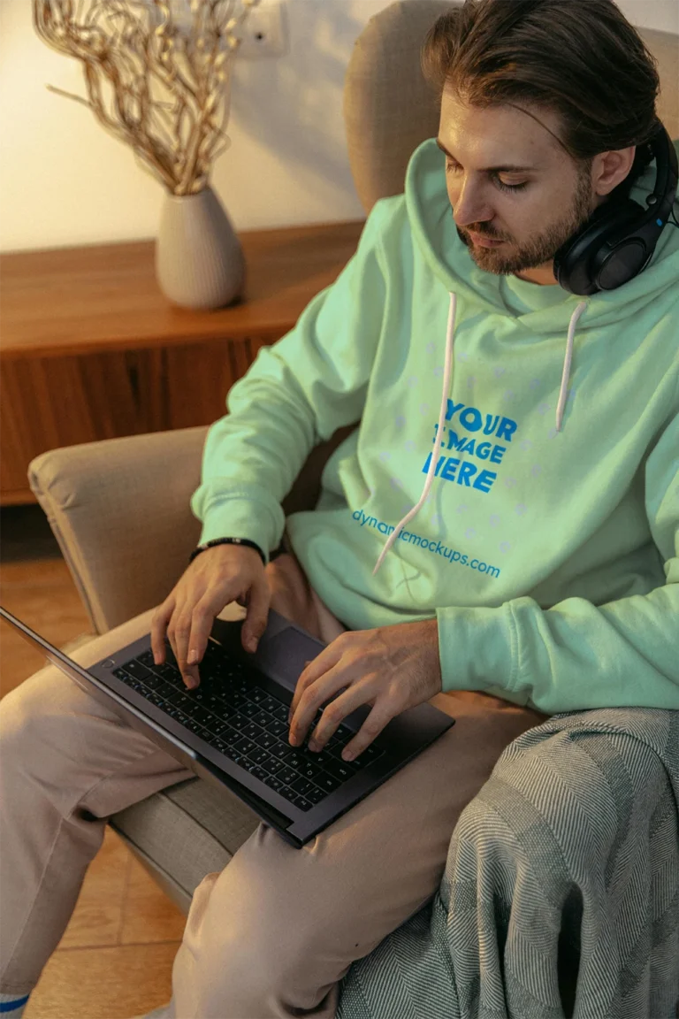 Man Wearing Mint Hoodie Mockup Front View Template
