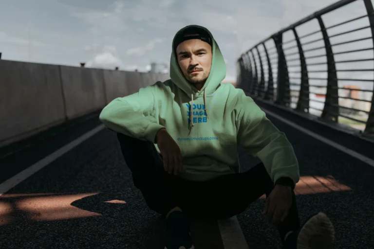 Man Wearing Mint Hoodie Mockup Front View Template