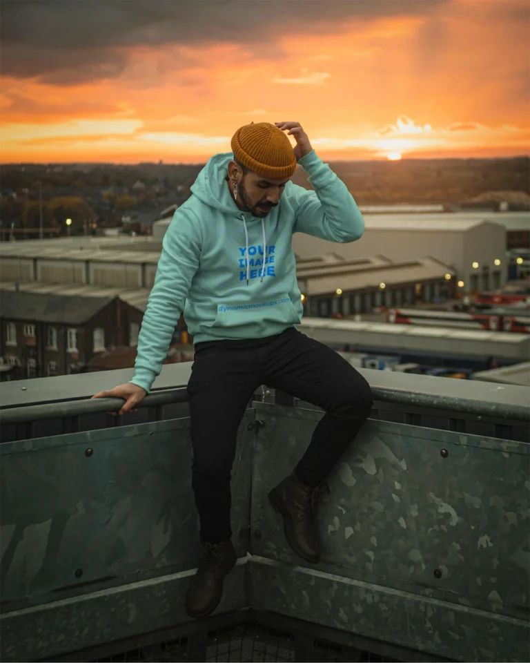 Man Wearing Mint Hoodie Mockup Front View Template