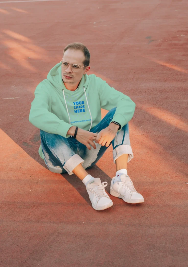 Man Wearing Mint Hoodie Mockup Front View Template