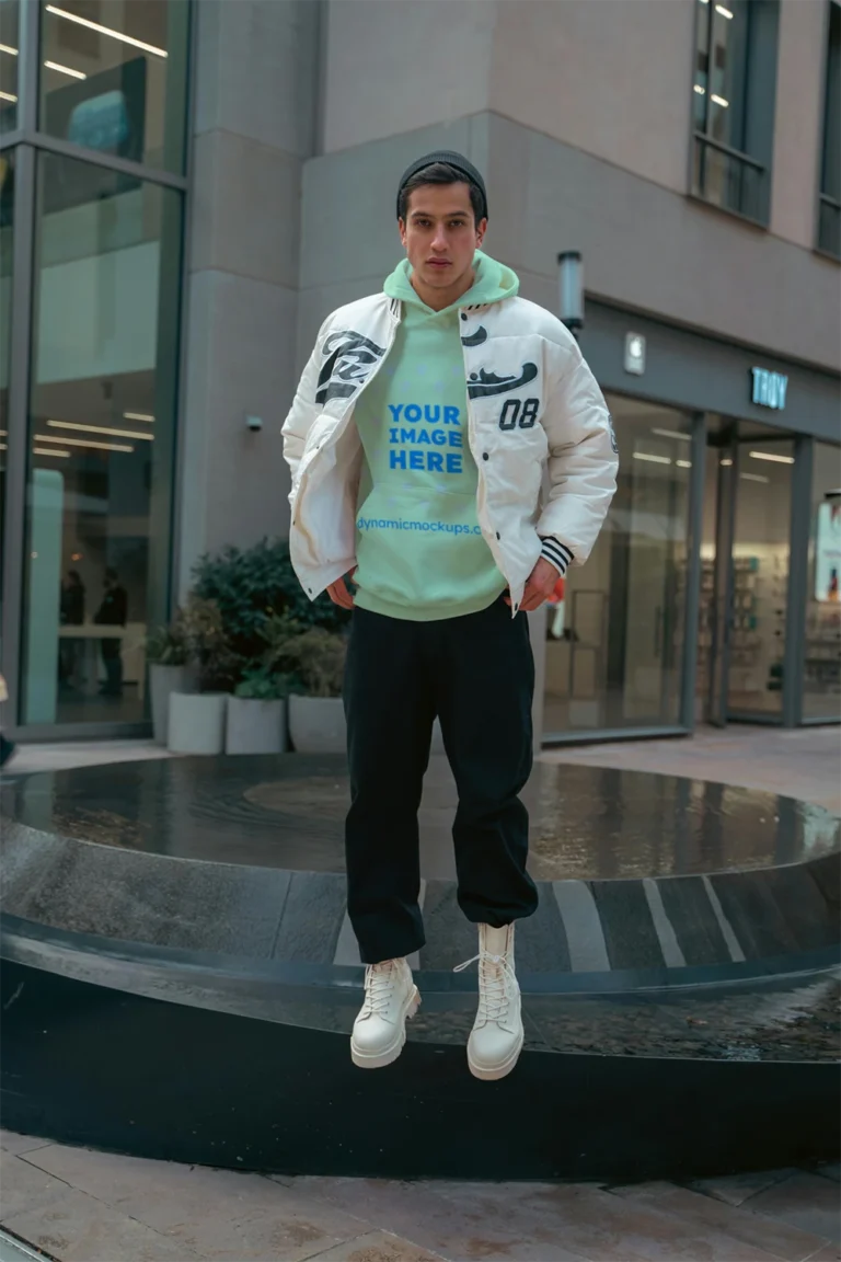 Man Wearing Mint Hoodie Mockup Front View Template