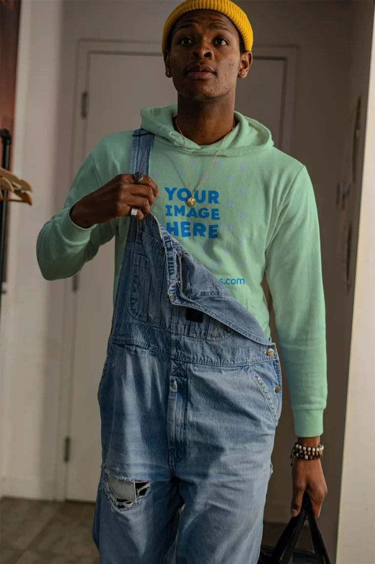Man Wearing Mint Hoodie Mockup Front View Template
