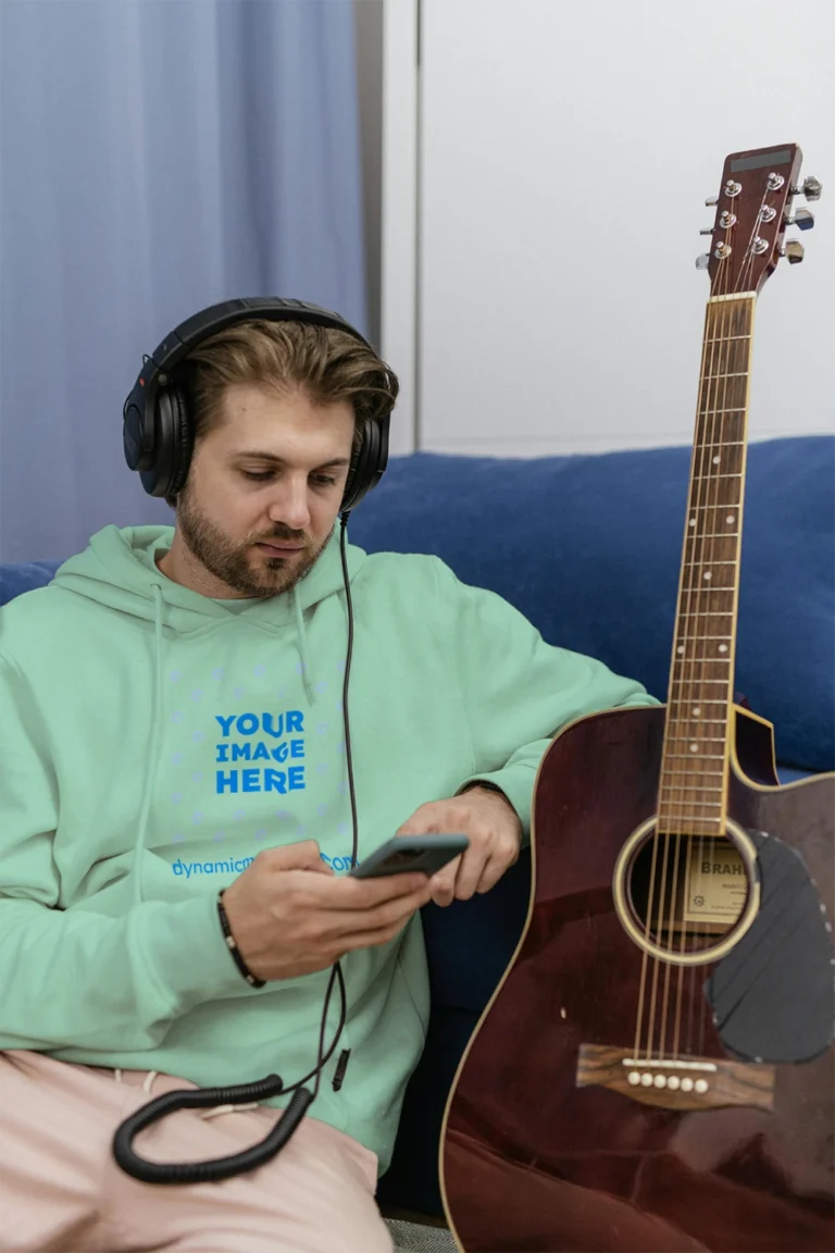 Man Wearing Mint Hoodie Mockup Front View Template