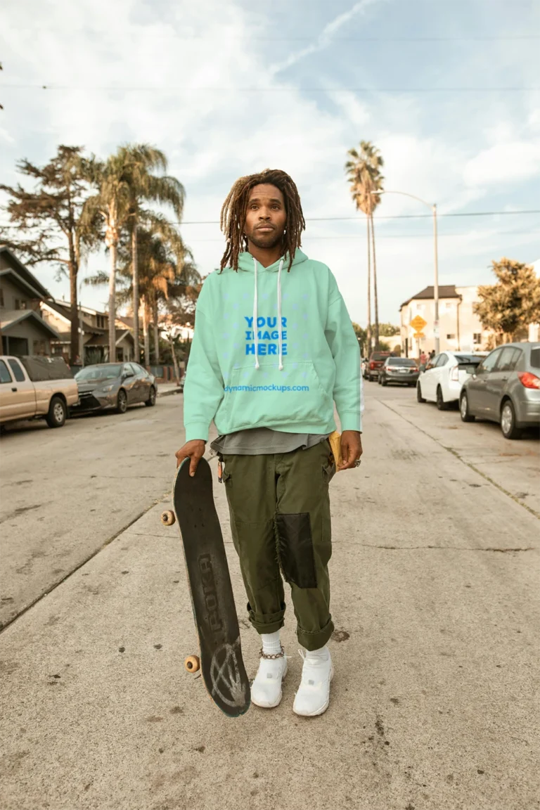 Man Wearing Mint Hoodie Mockup Front View Template