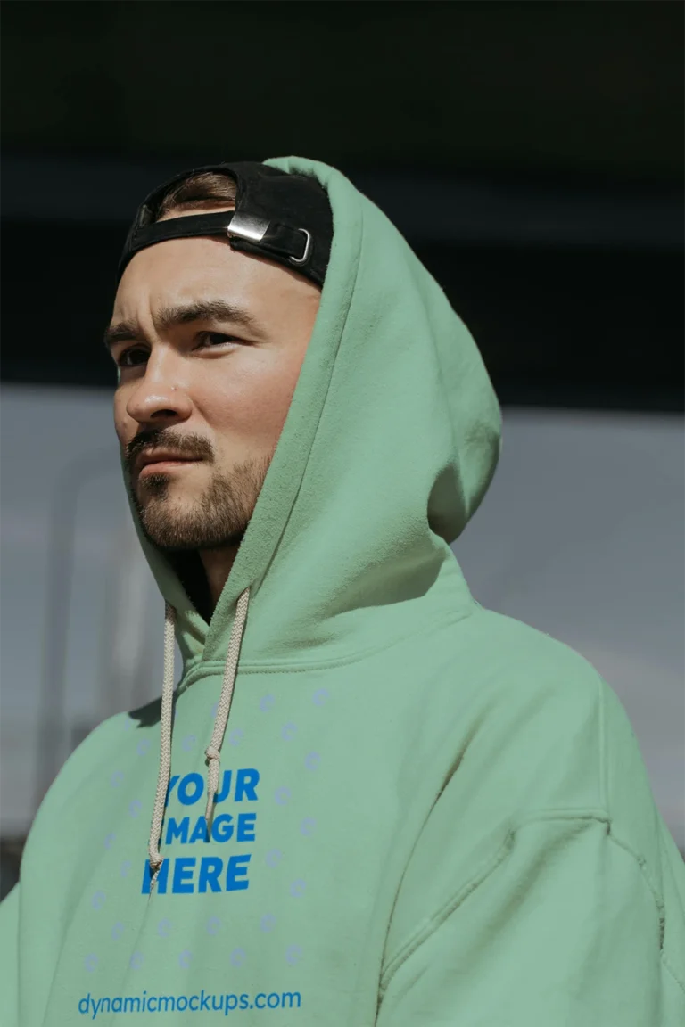 Man Wearing Mint Hoodie Mockup Front View Template