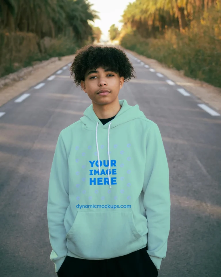 Man Wearing Mint Hoodie Mockup Front View Template