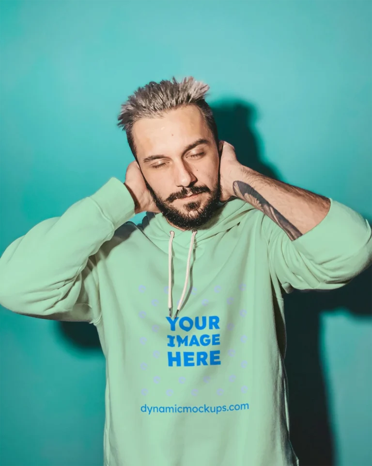 Man Wearing Mint Hoodie Mockup Front View Template