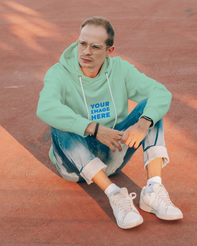 Man Wearing Mint Hoodie Mockup Front View Template