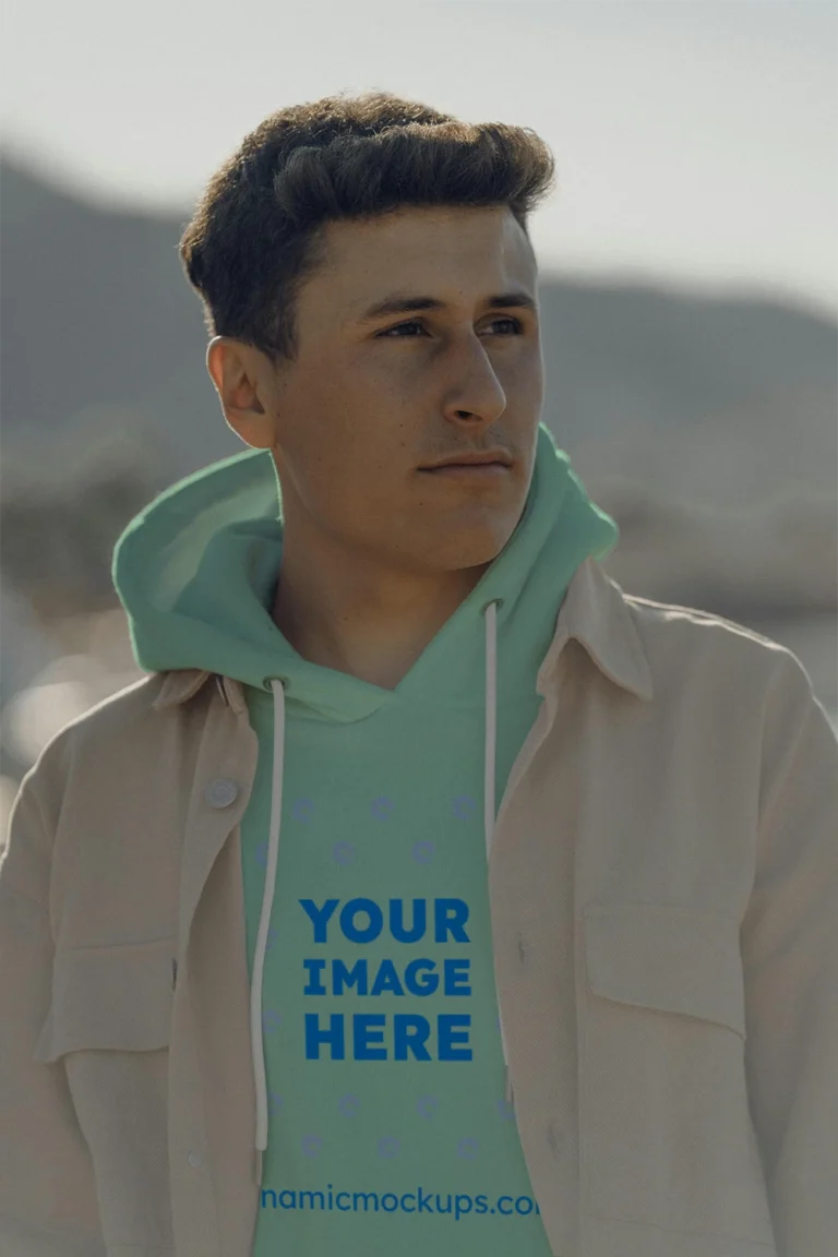 Man Wearing Mint Hoodie Mockup Front View Template