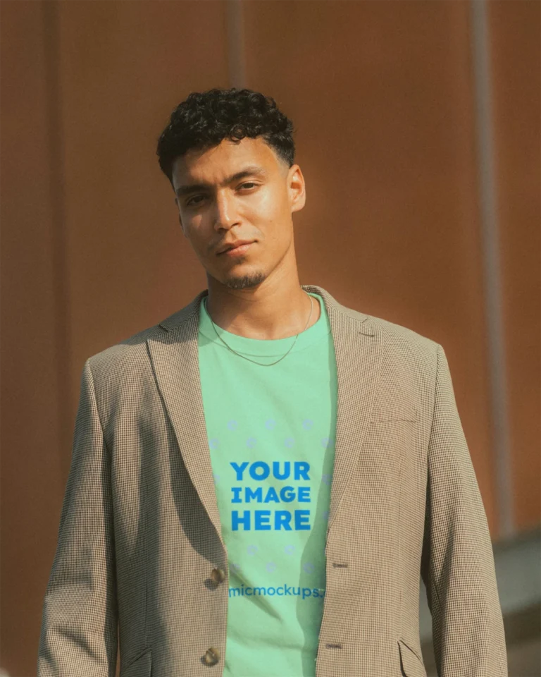 Man Wearing Mint T-shirt Mockup Front View Template