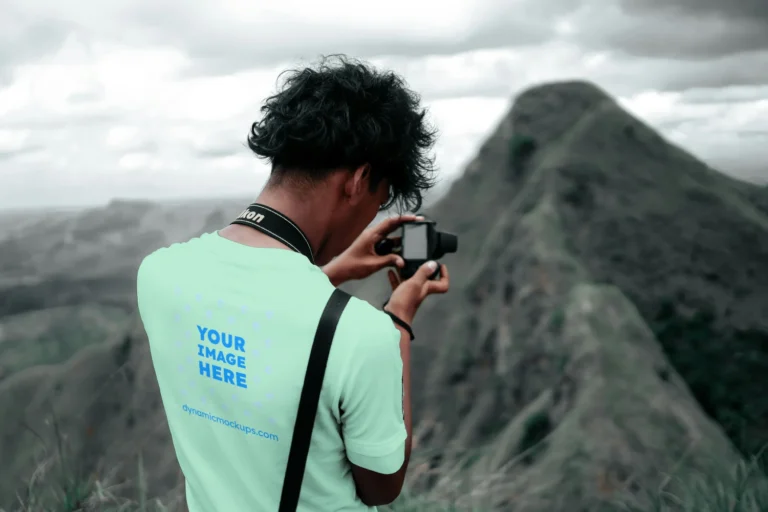 Man Wearing Mint T-shirt Mockup Back View Template