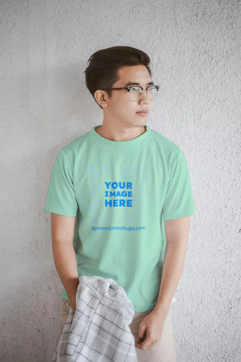 Man Wearing Mint T-shirt Mockup Front View Template
