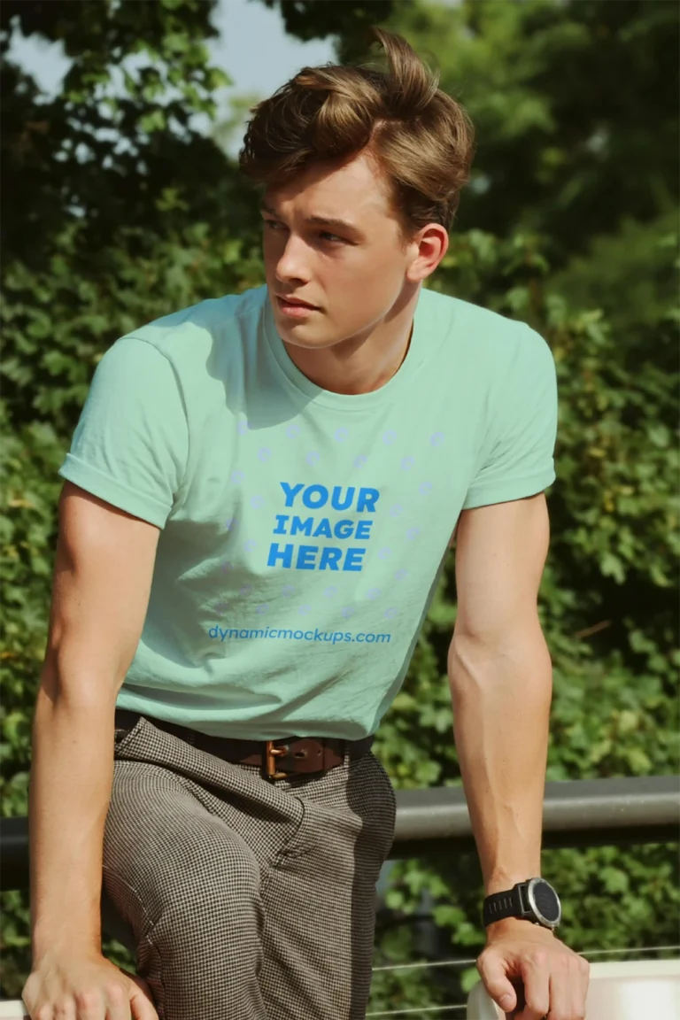 Man Wearing Mint T-shirt Mockup Front View Template