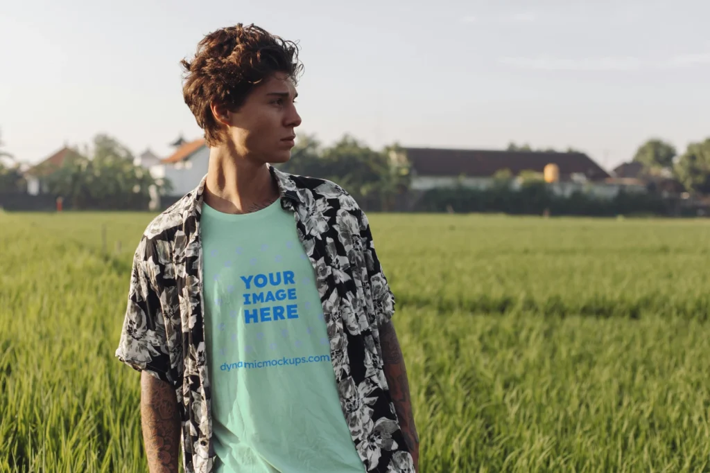 Man Wearing Mint T-shirt Mockup Front View Template