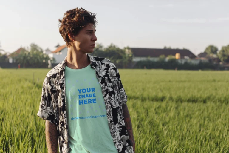 Man Wearing Mint T-shirt Mockup Front View Template