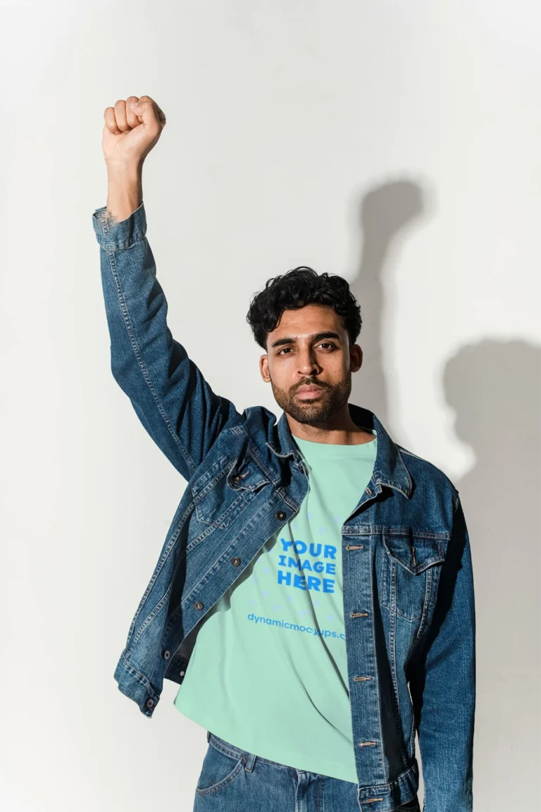 Man Wearing Mint T-shirt Mockup Front View Template