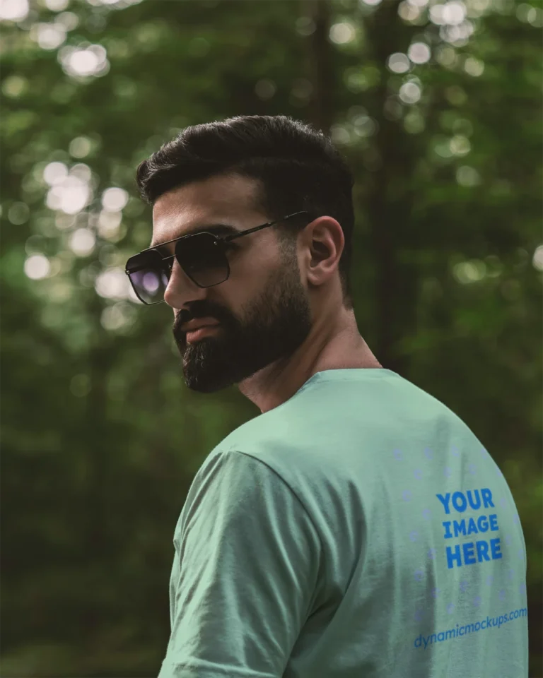 Man Wearing Mint T-shirt Mockup Back View Template