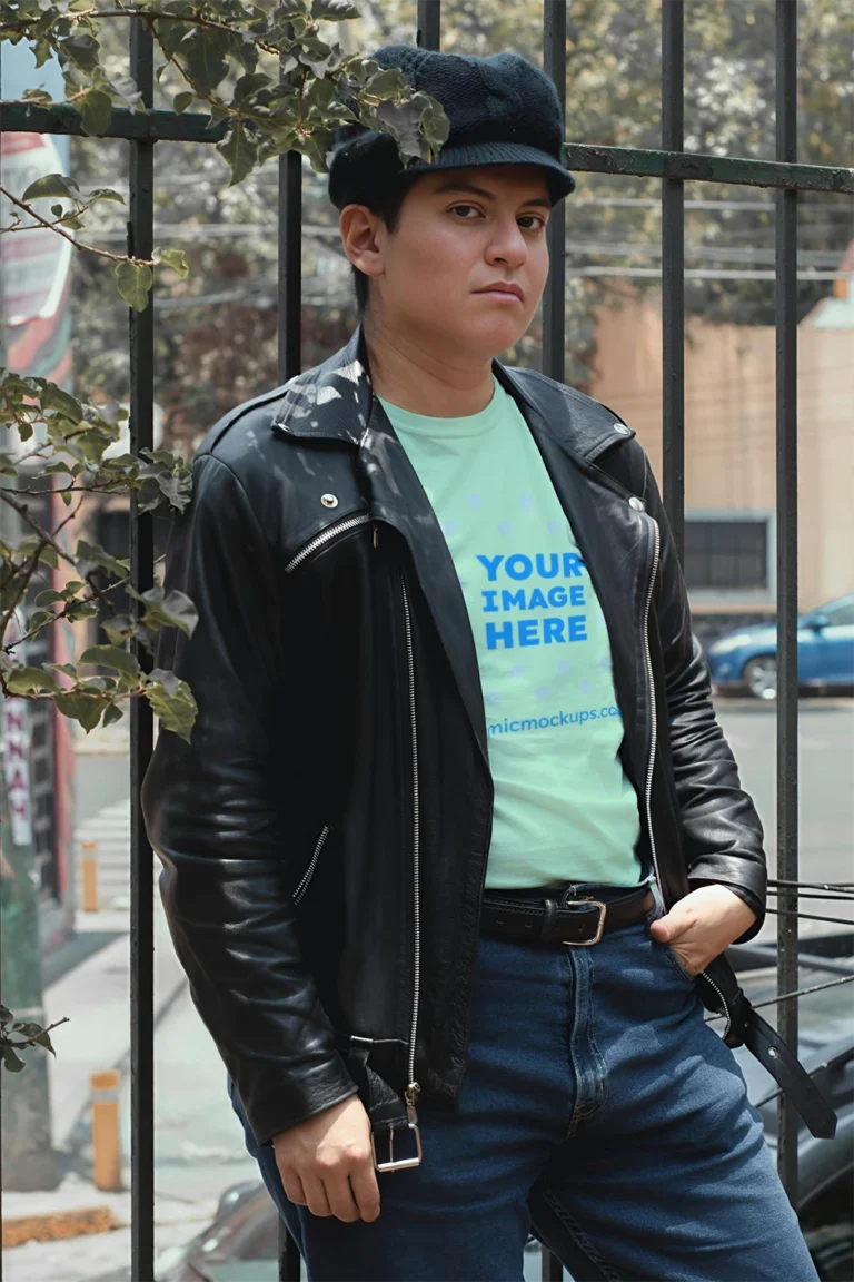 Man Wearing Mint T-shirt Mockup Front View Template