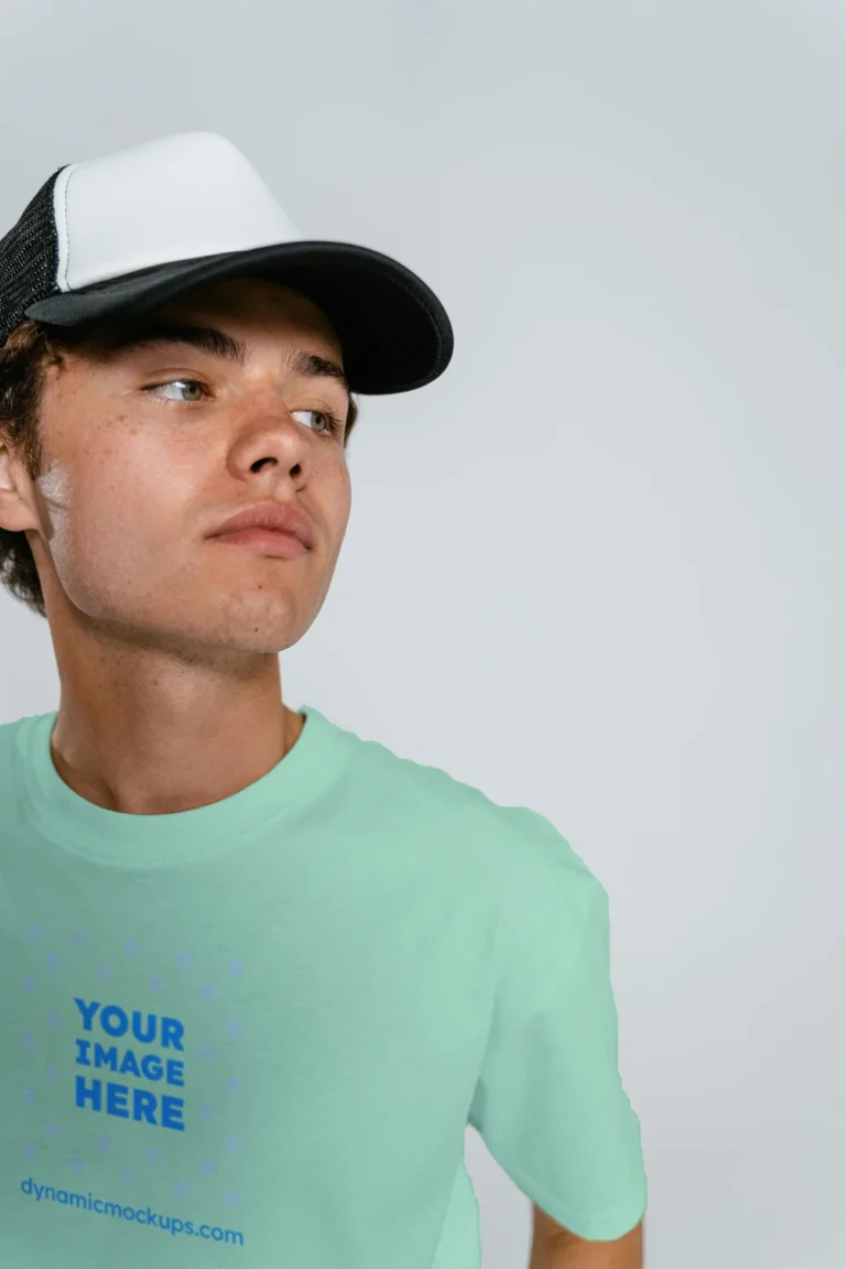 Man Wearing Mint T-shirt Mockup Front View Template