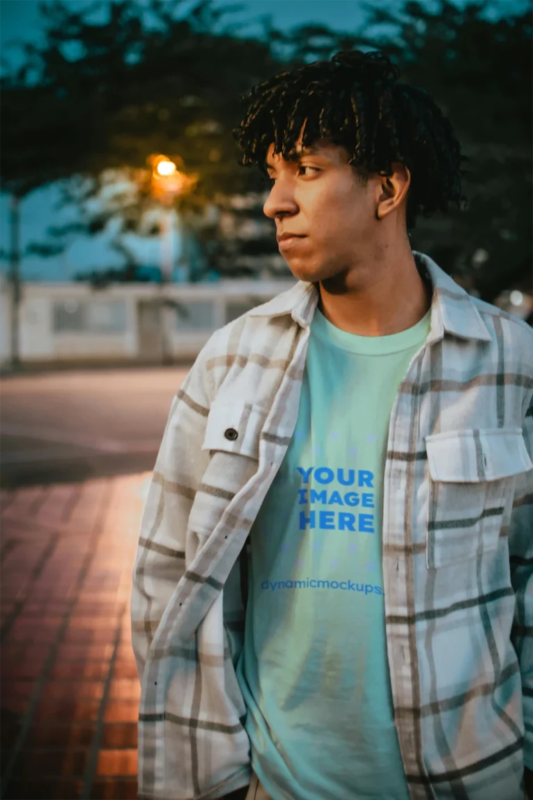 Man Wearing Mint T-shirt Mockup Front View Template