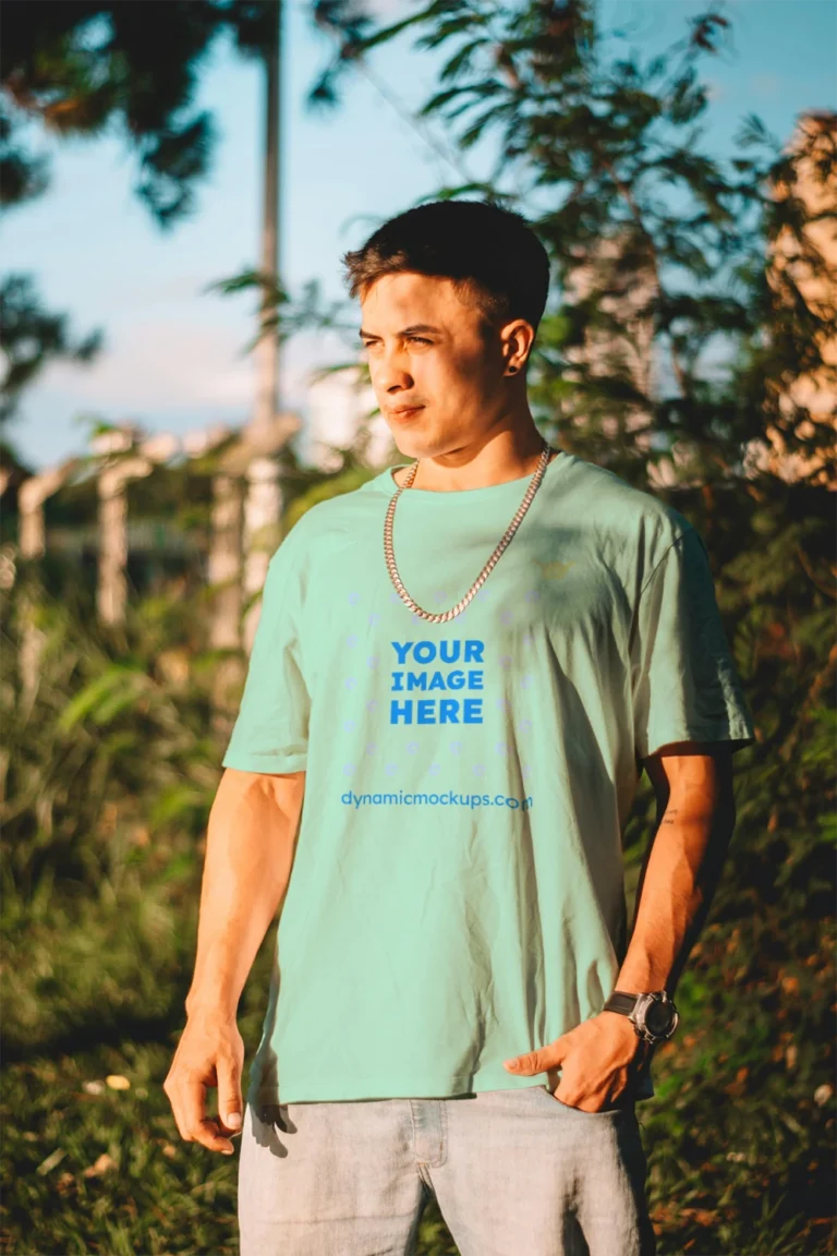 Man Wearing Mint T-shirt Mockup Front View Template