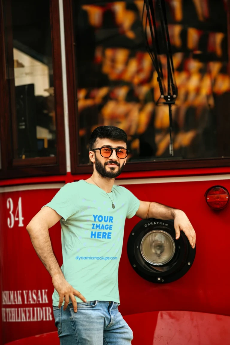 Man Wearing Mint T-shirt Mockup Front View Template