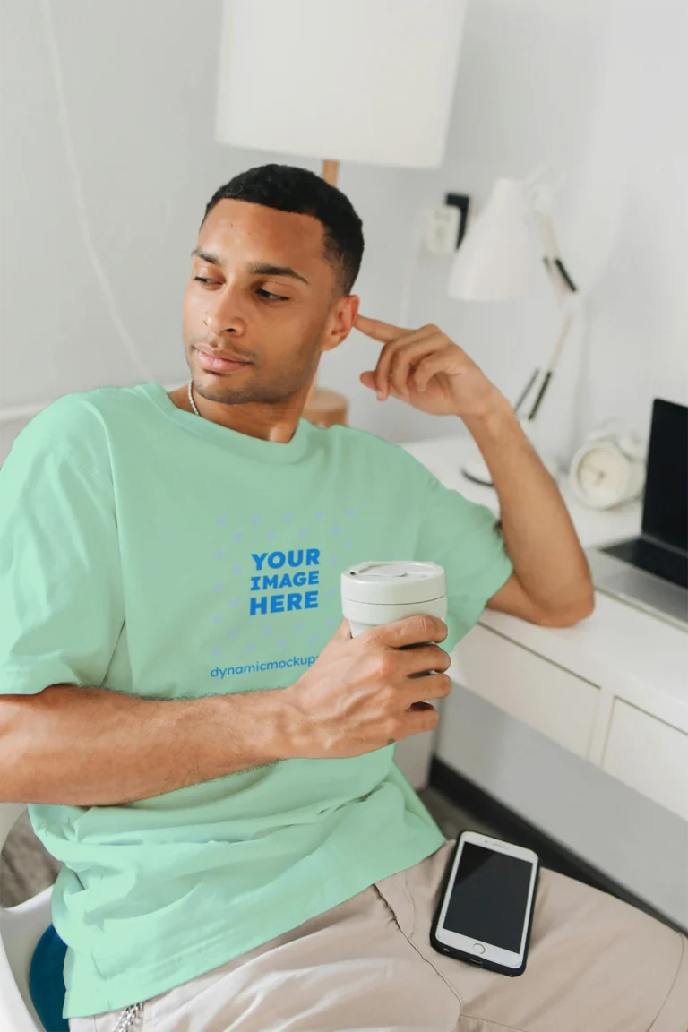 Man Wearing Mint T-shirt Mockup Front View Template