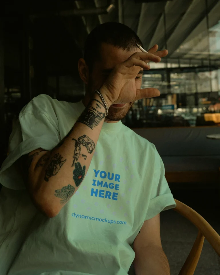 Man Wearing Mint T-shirt Mockup Front View Template