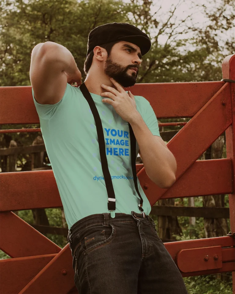 Man Wearing Mint T-shirt Mockup Front View Template
