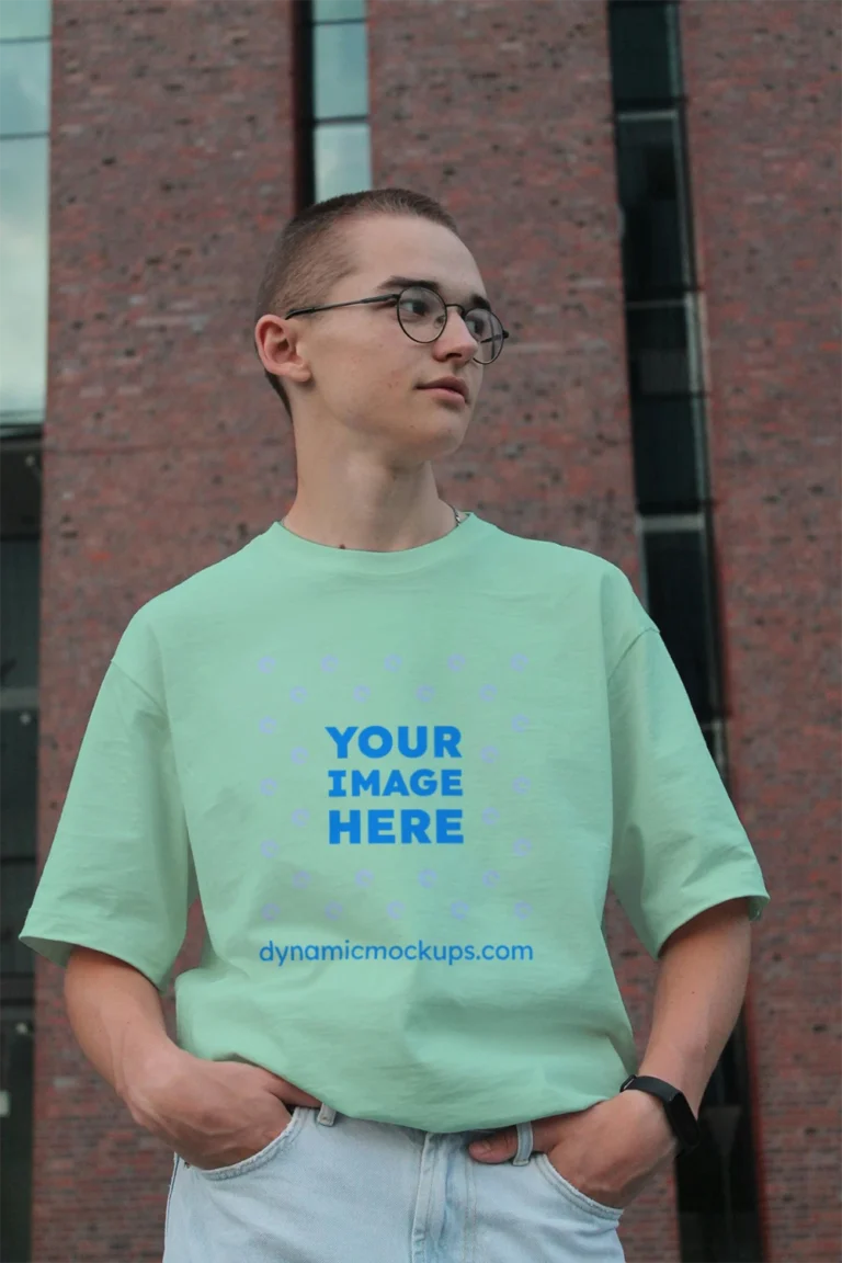 Man Wearing Mint T-shirt Mockup Front View Template