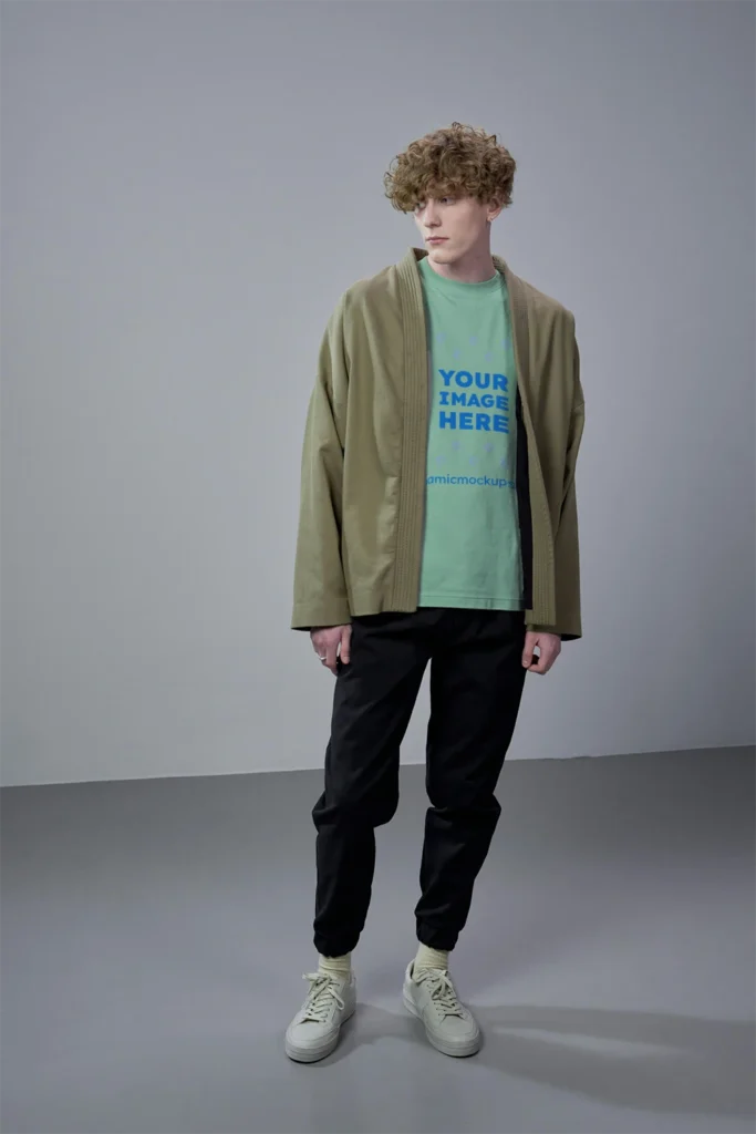Man Wearing Mint T-shirt Mockup Front View Template
