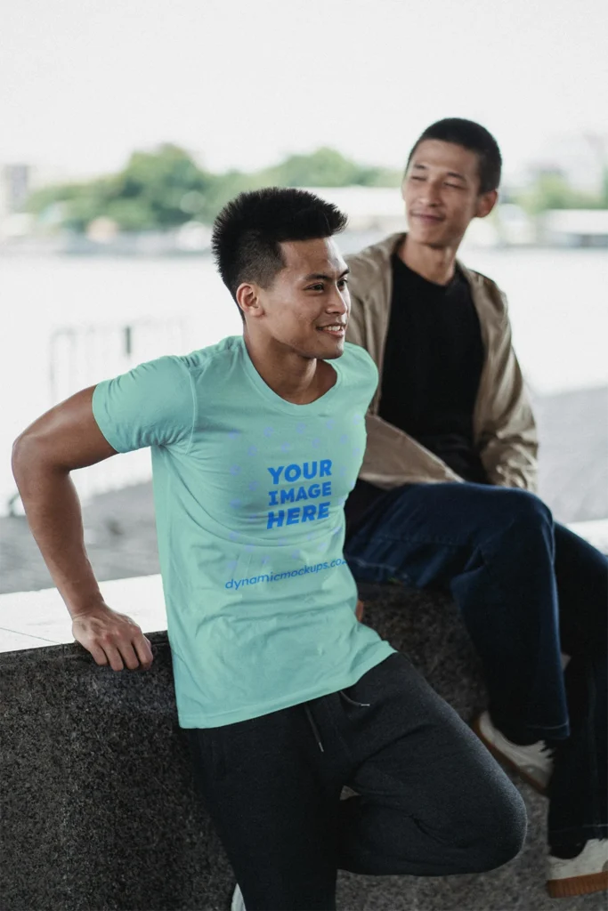 Man Wearing Mint T-shirt Mockup Front View Template