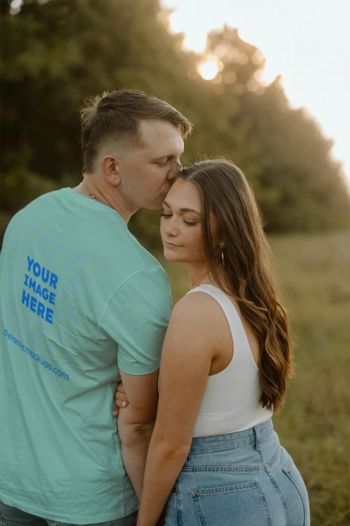Man Wearing Mint T-shirt Mockup Back View Template