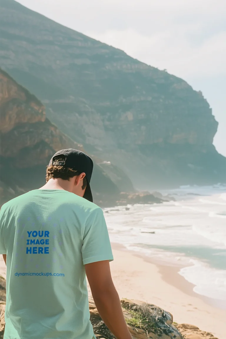 Man Wearing Mint T-shirt Mockup Back View Template